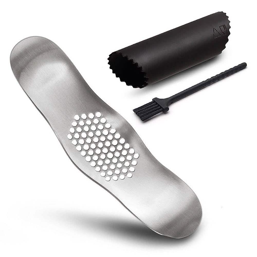 3-Piece Set: Stainless Steel Garlic Crusher Press and Peeler with Cleaning Brush