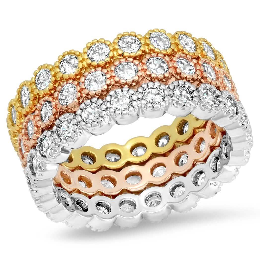 3-Piece Set: Tri-toned 18k White, Gold and Rose Stackable Eternity Rings