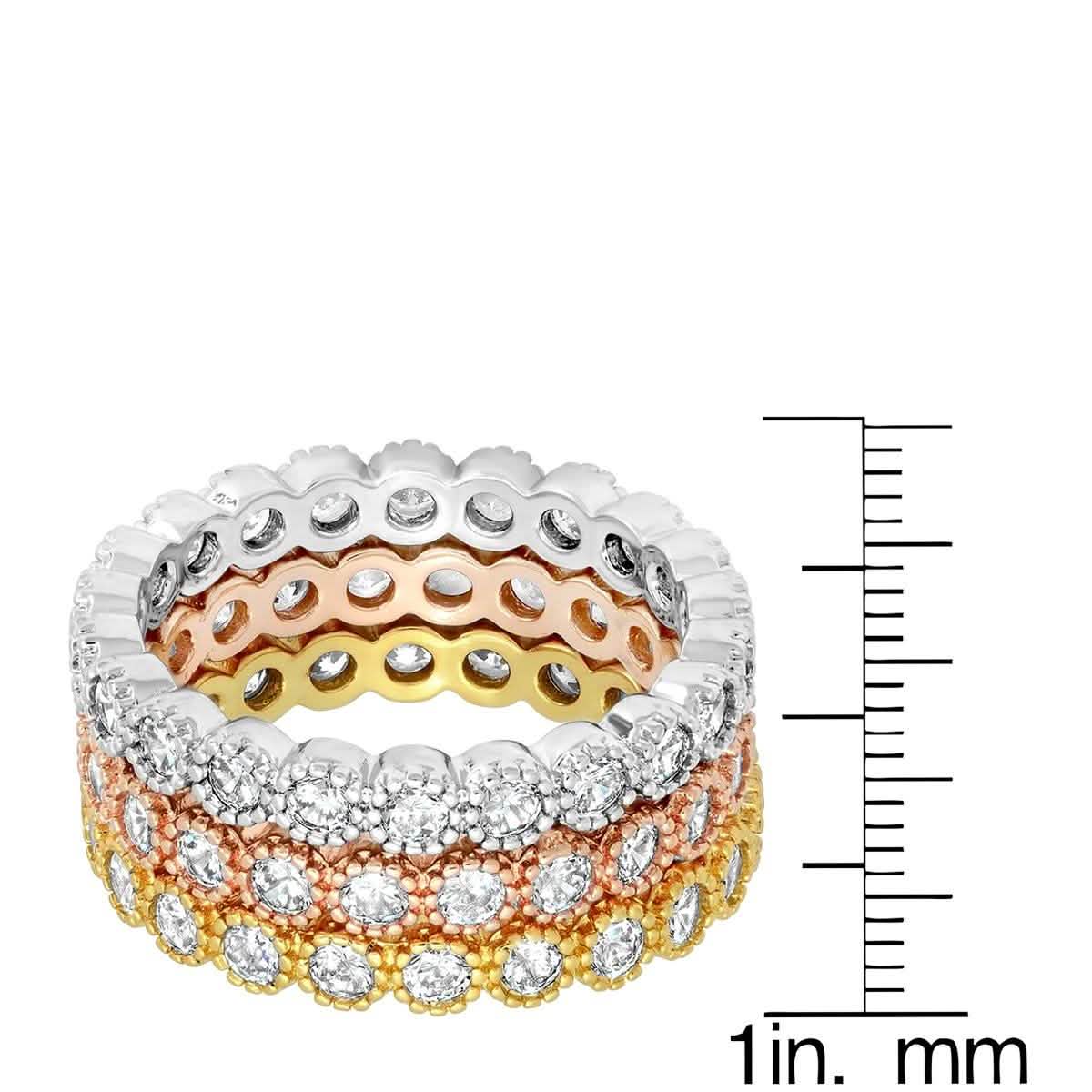 3-Piece Set: Tri-toned 18k White, Gold and Rose Stackable Eternity Rings