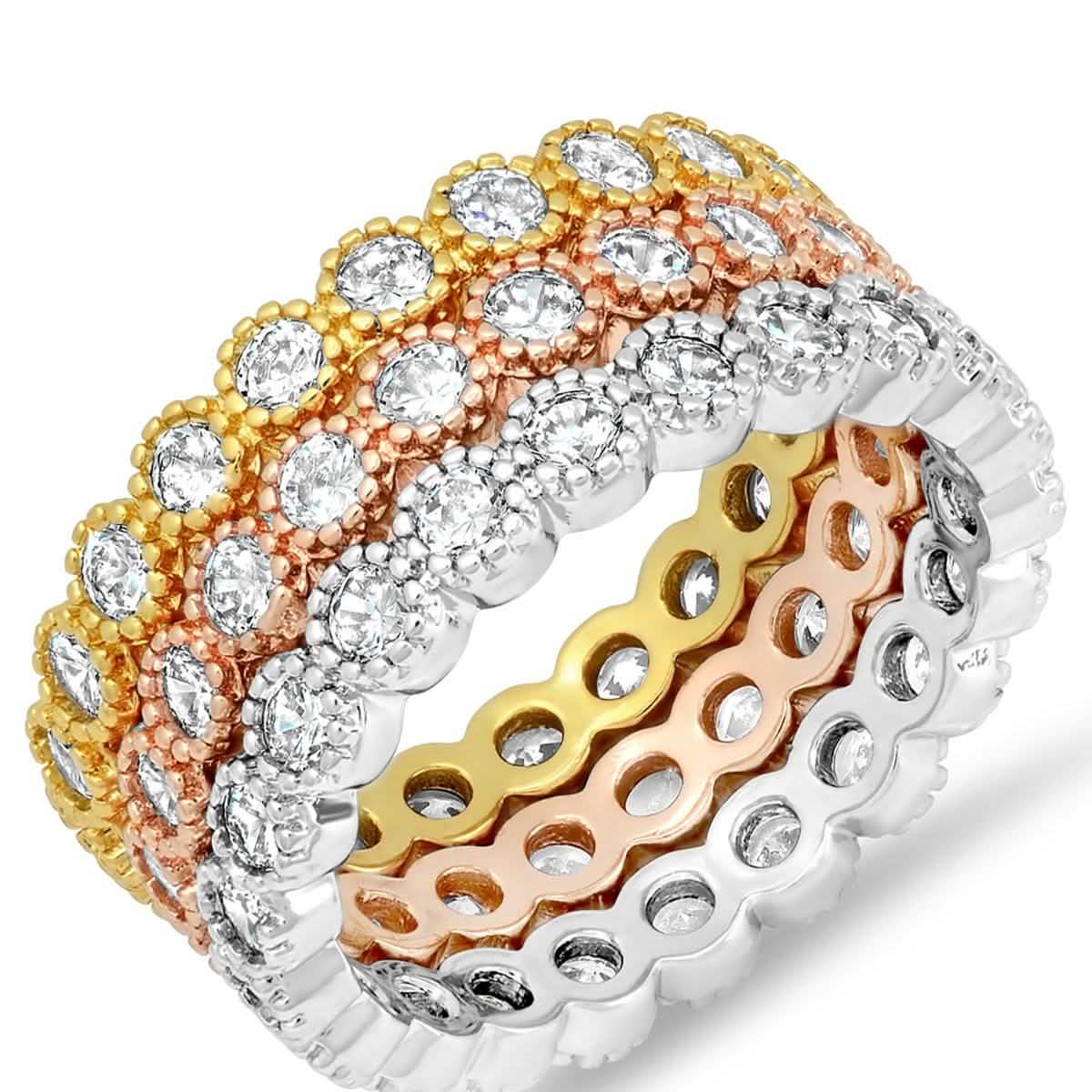 3-Piece Set: Tri-toned 18k White, Gold and Rose Stackable Eternity Rings