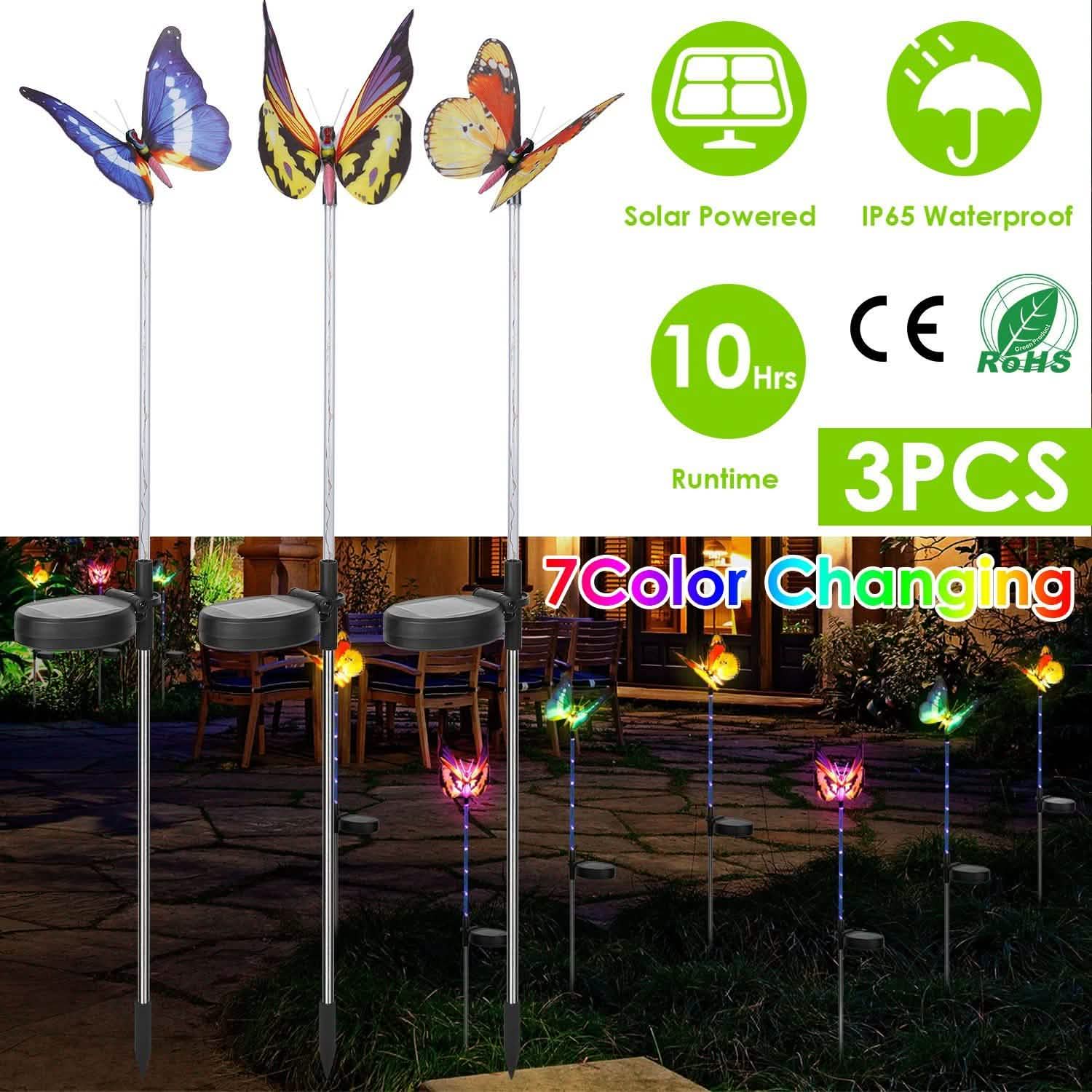 3-Pieces: Decorative Butterfly Lamps with Rotatable Solar Panel Lamp