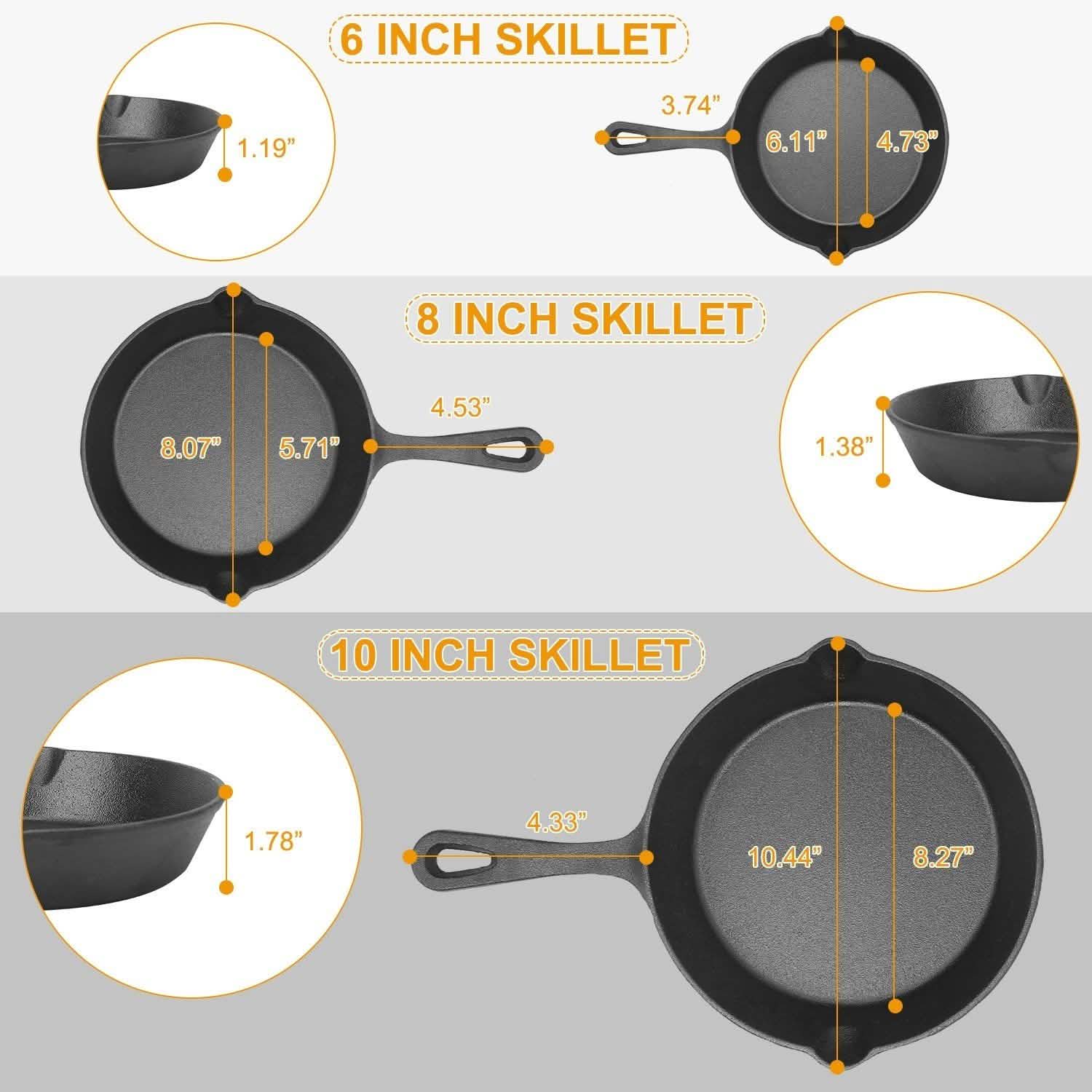 3-Pieces: Pre-Seasoned Cast Iron Skillet