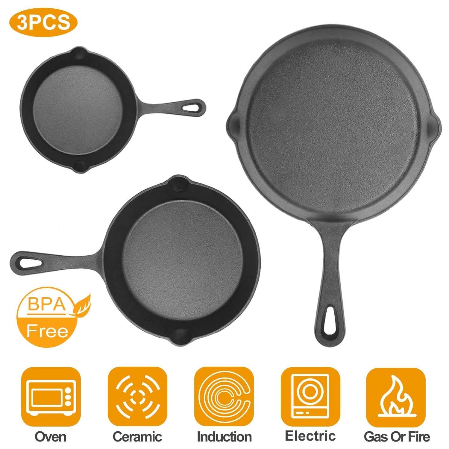 3-Pieces: Pre-Seasoned Cast Iron Skillet