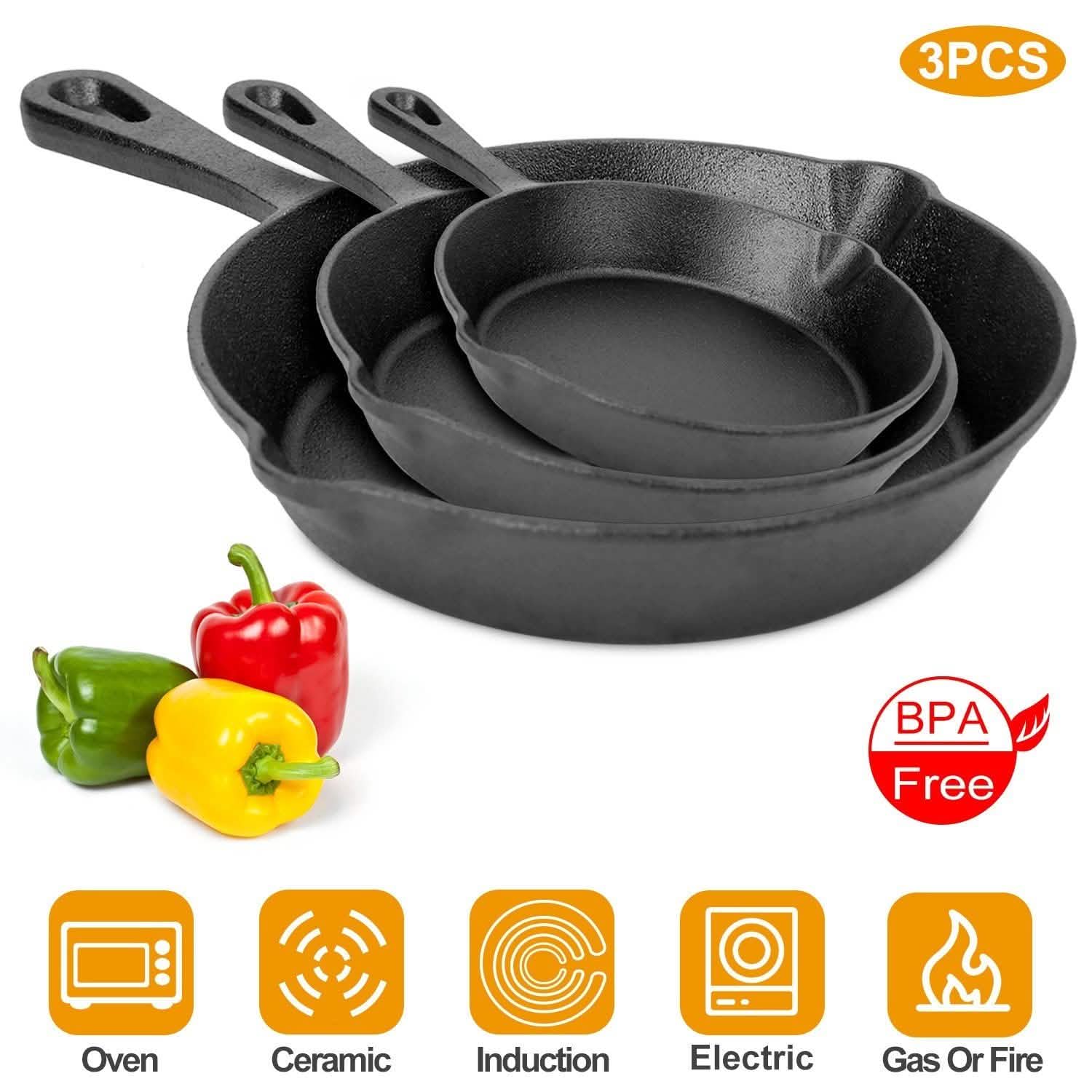 3-Pieces: Pre-Seasoned Cast Iron Skillet