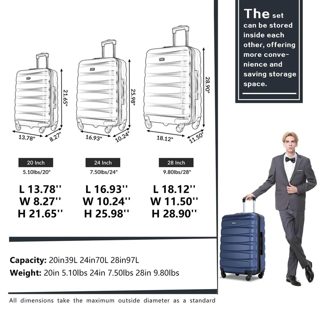 3-Pieces Set: Expandable Luggage Sets ABS Lightweight Suitcase
