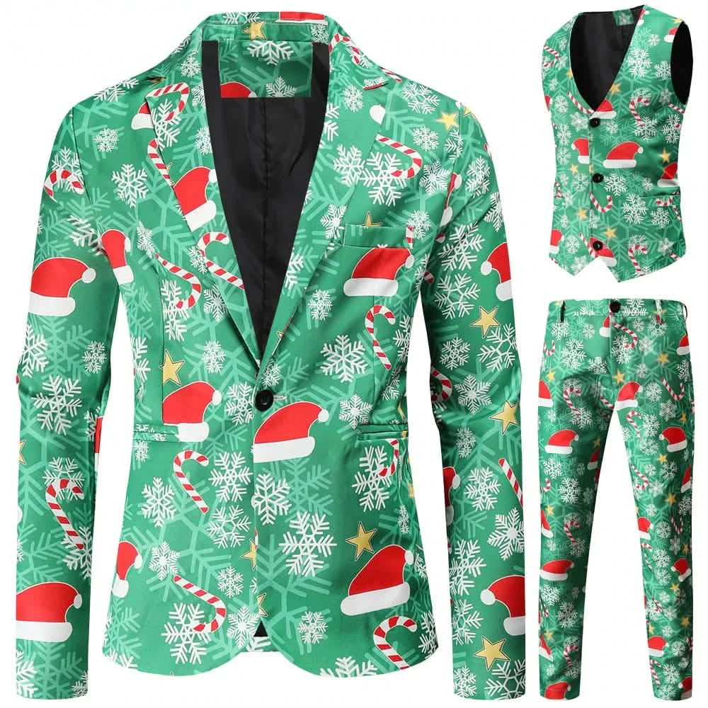 3-Pieces Set: Fun Ugly Christmas Costumes For Men - Complete Xmas Suit: Includes Jacket, Pants
