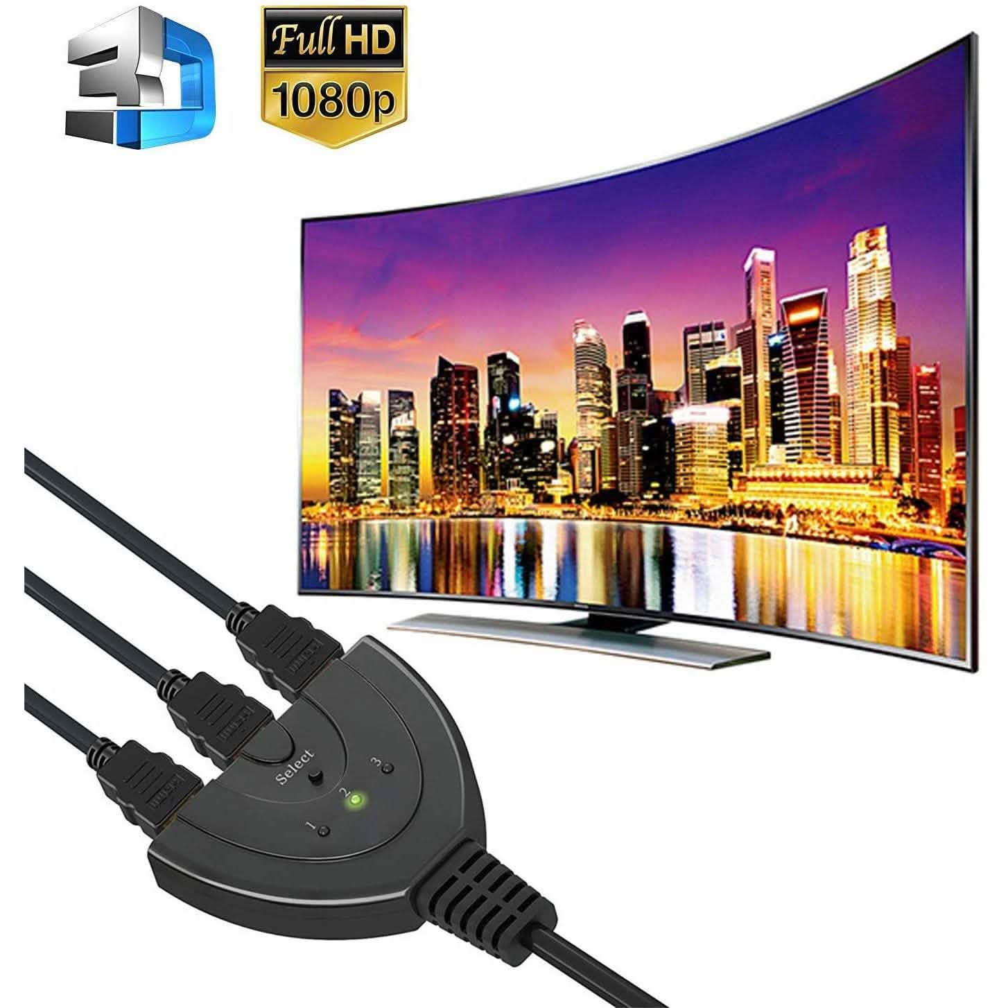 3-Port HDMI Switcher, Splitter, Supports Full HD1080p, 3D with High Speed Pigtail Cable
