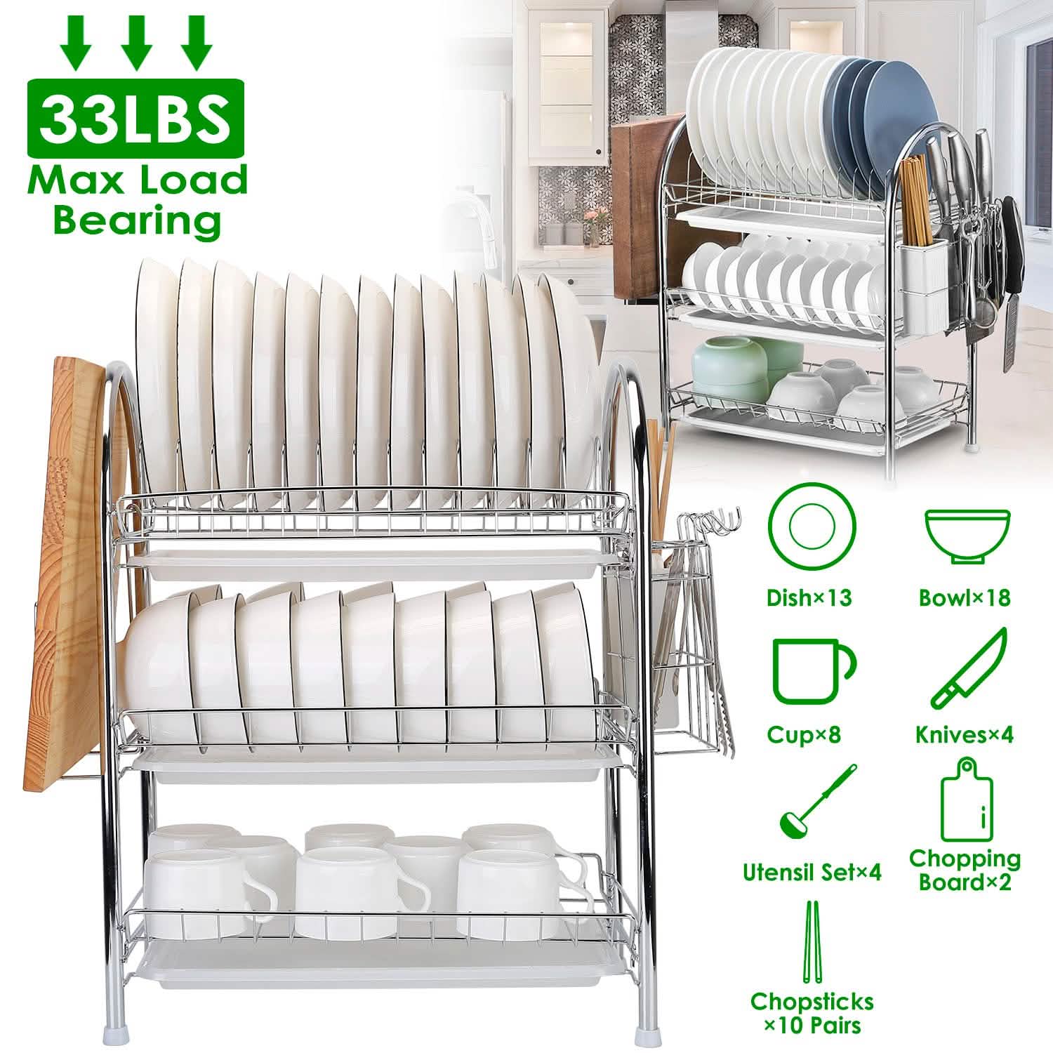 3-Tier Dish Drying Rack Shelf with 3 Drain Trays Chopping Board