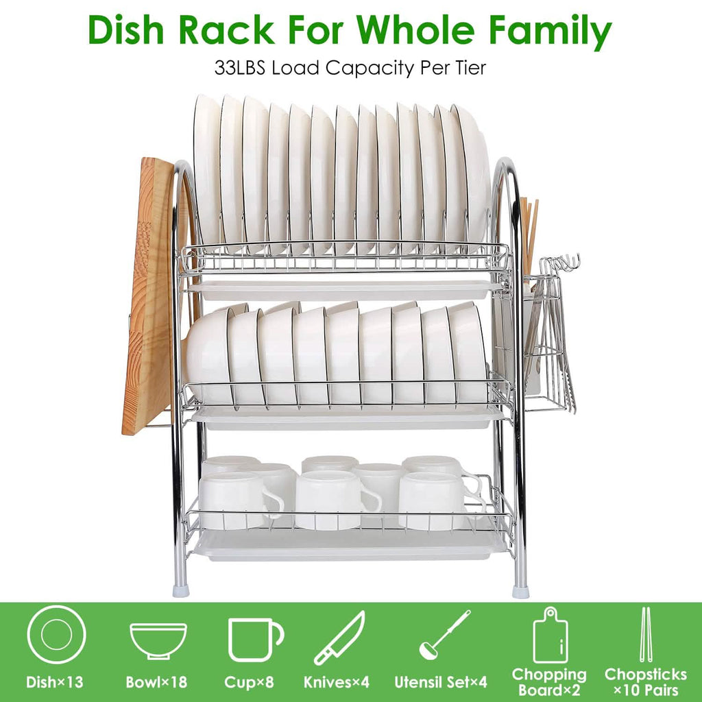 3-Tier Dish Drying Rack Shelf with 3 Drain Trays Chopping Board
