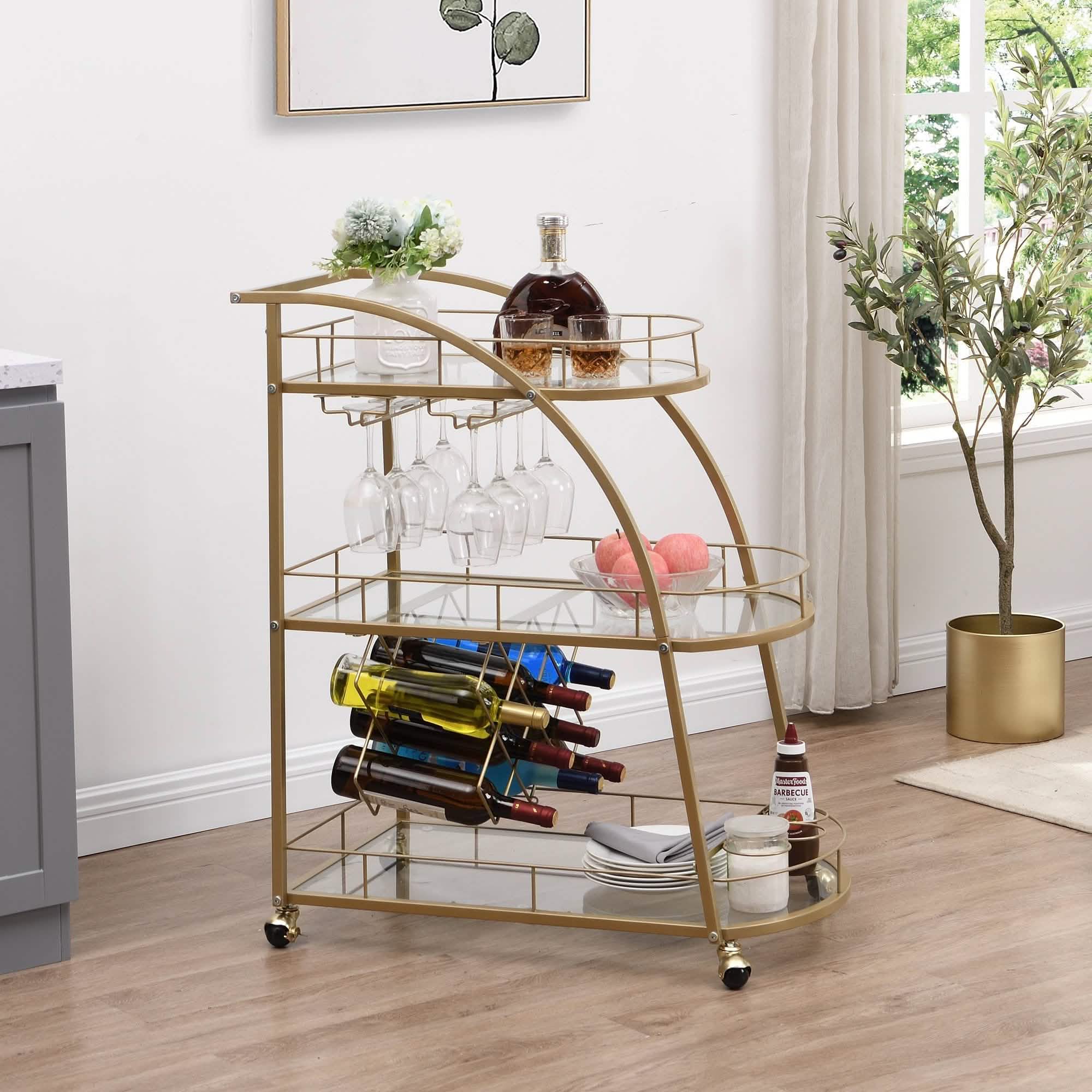 3 Tier Metal Frame Serving Wine Cart with Wheels