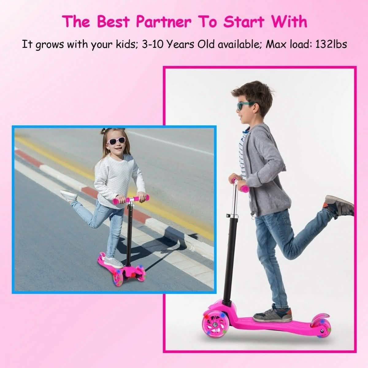 3-Wheeled LEDs Kick Scooter for Kids Flashing Scooter Adjustable Height