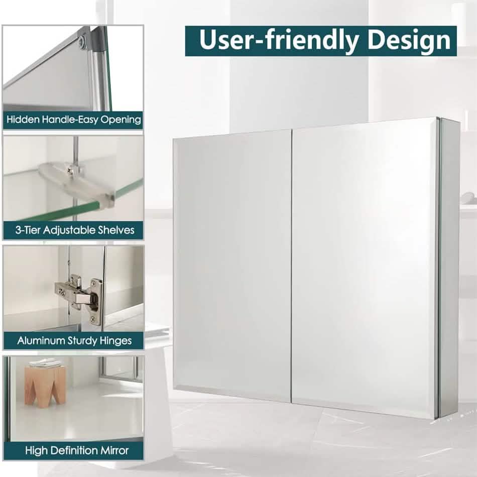 30" W X 26" H Aluminum Bathroom Mirror Medicine Cabinet with Dual Mirrors