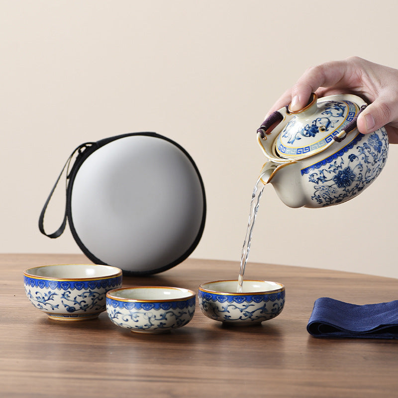 Blue and white beige Ru kiln travel tea set one pot three cups outdoor portable entwined lotus ceramic retro teapot