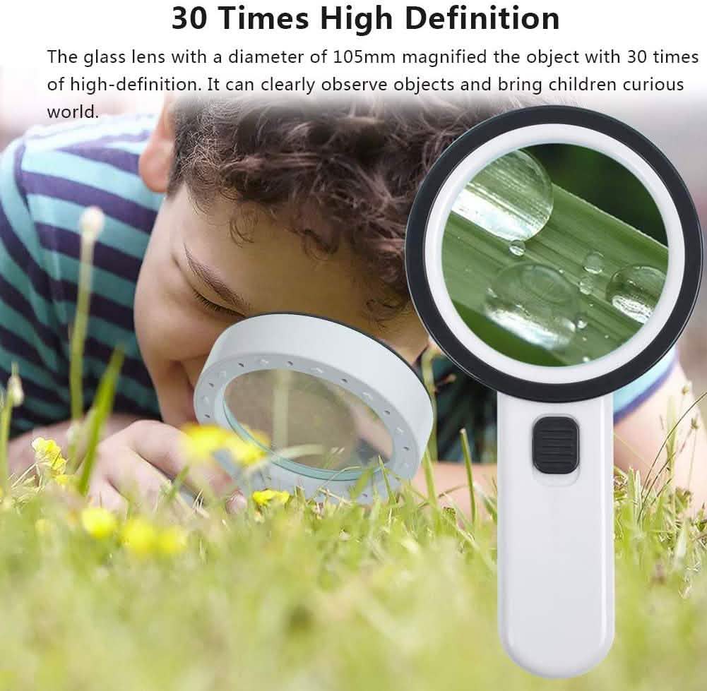 30X Handheld Large Magnifying Glass 12 LED Illuminated Lighted Magnifier