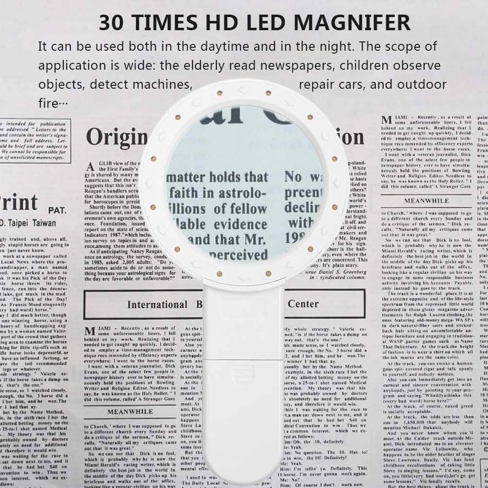 30X Handheld Large Magnifying Glass 12 LED Illuminated Lighted Magnifier