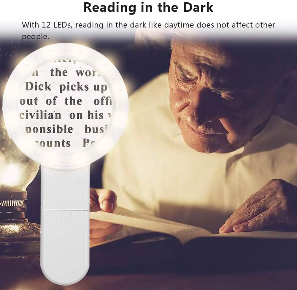 30X Handheld Large Magnifying Glass 12 LED Illuminated Lighted Magnifier