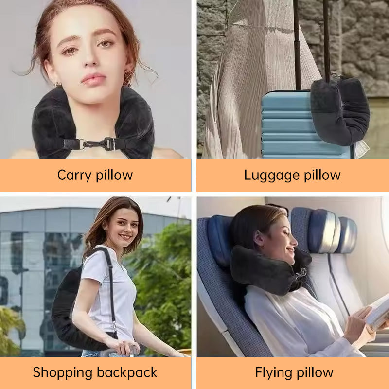 Airplane Travel Sleeping Pillow - U-Shaped Velvet Pillowcase, Fillable Design with Storage Pouch