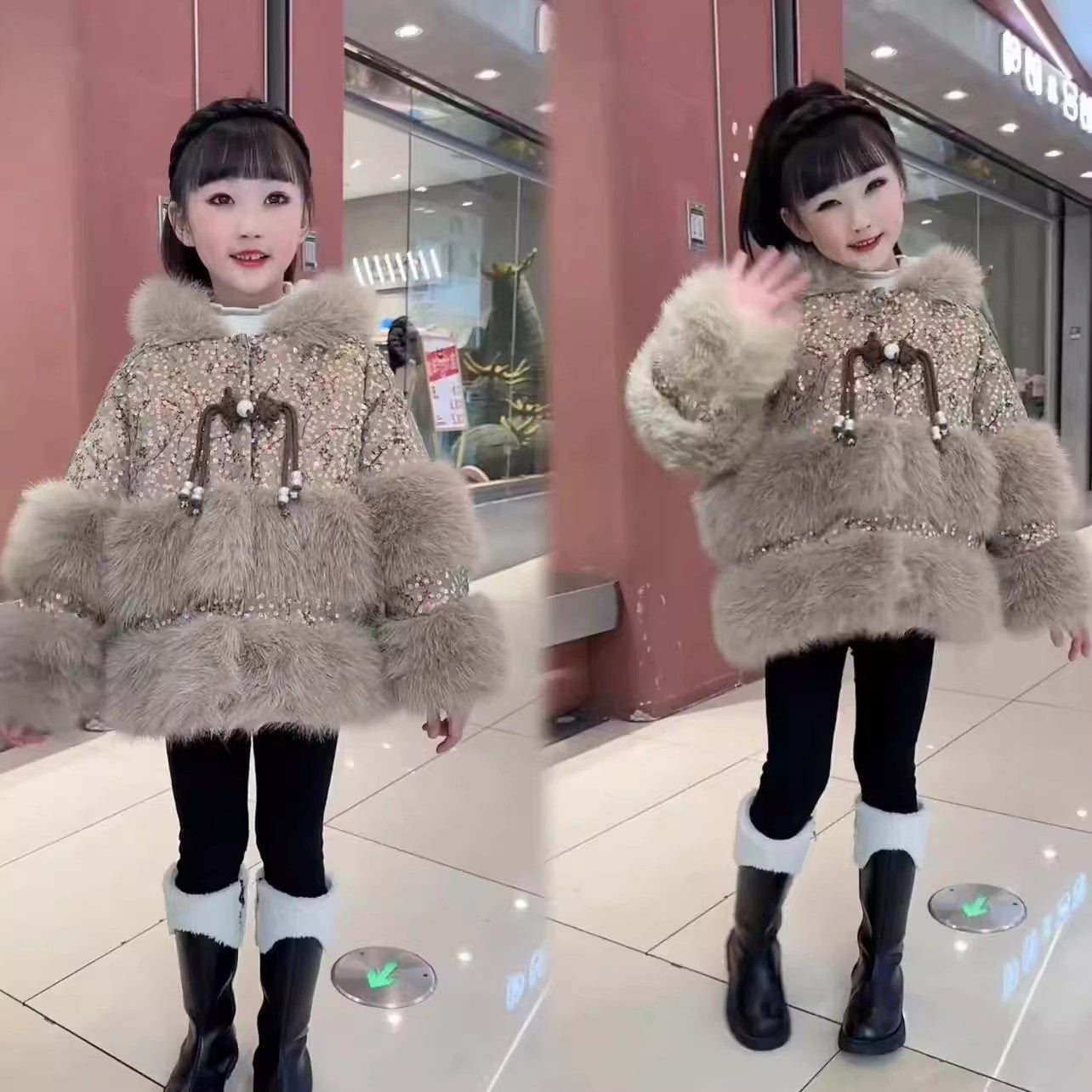 Fleece-lined Padded Faux Fur Coat For Little Girls