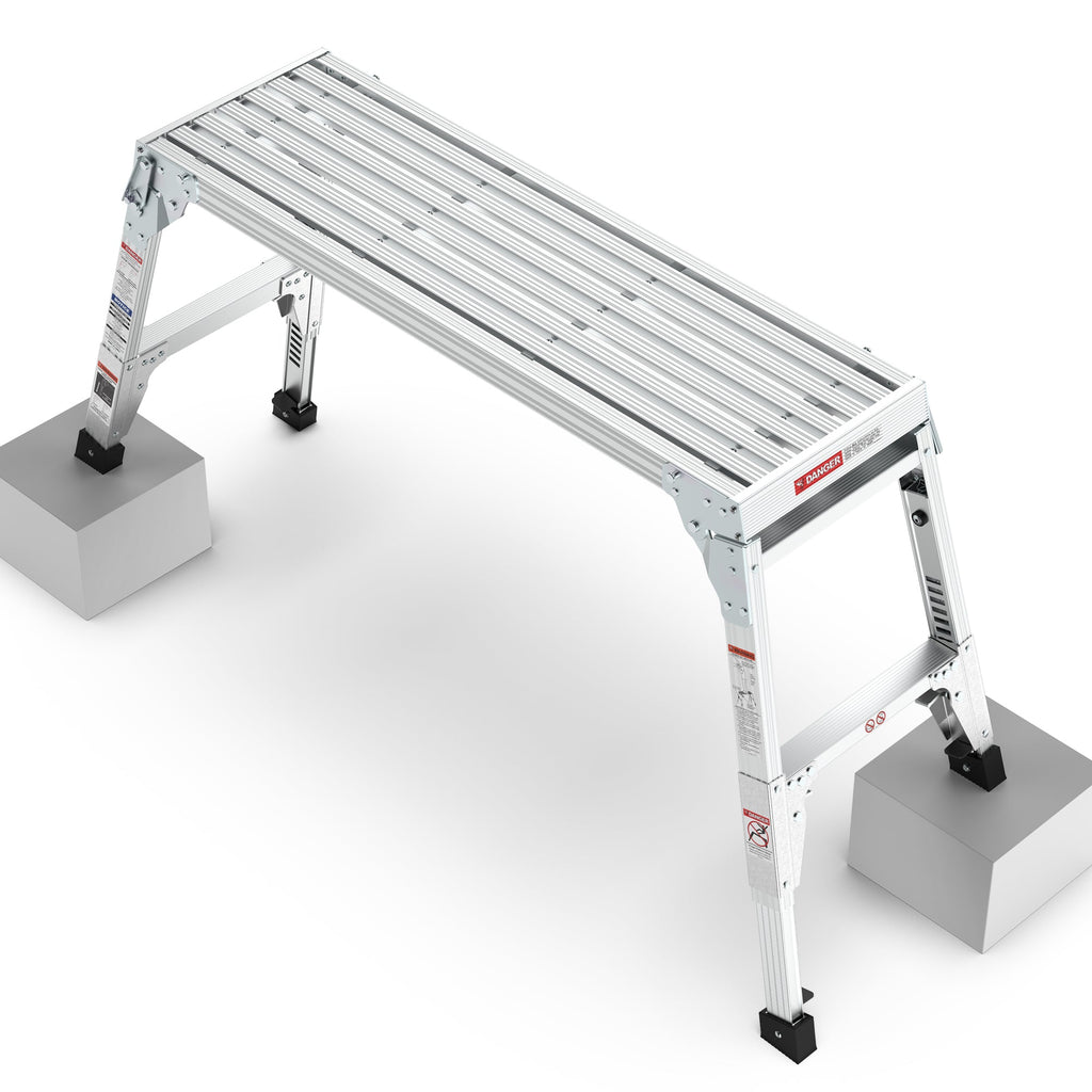 Aluminum Work Platform Large Size Step Stool Folding Portable Work Bench 40" Width Telescopic Feet 22" -27.5" Height Adjustable
