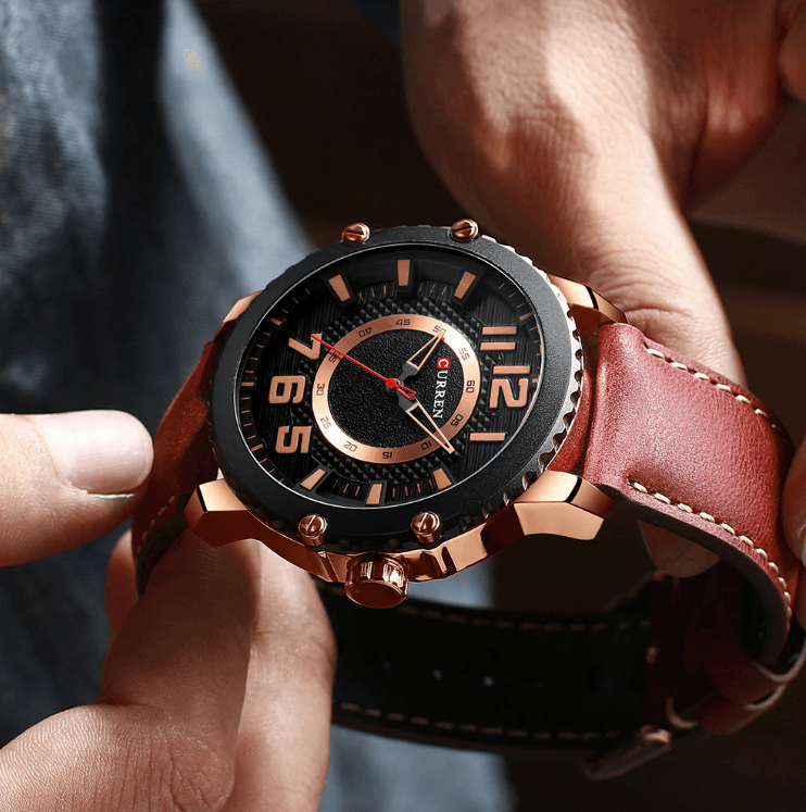 Men's Waterproof  Sport Watch With Leather  Belts  And Large Numbers Details Unique Design Perfect Gift