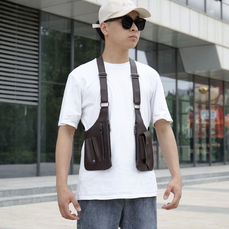 A medieval - style leather harness bag that is an anti - theft wallet, phone pouch, and suitable for men's Viking  cosplay.