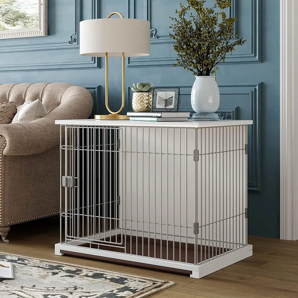 34" Long Elegant Wood Frame White Dog Cage