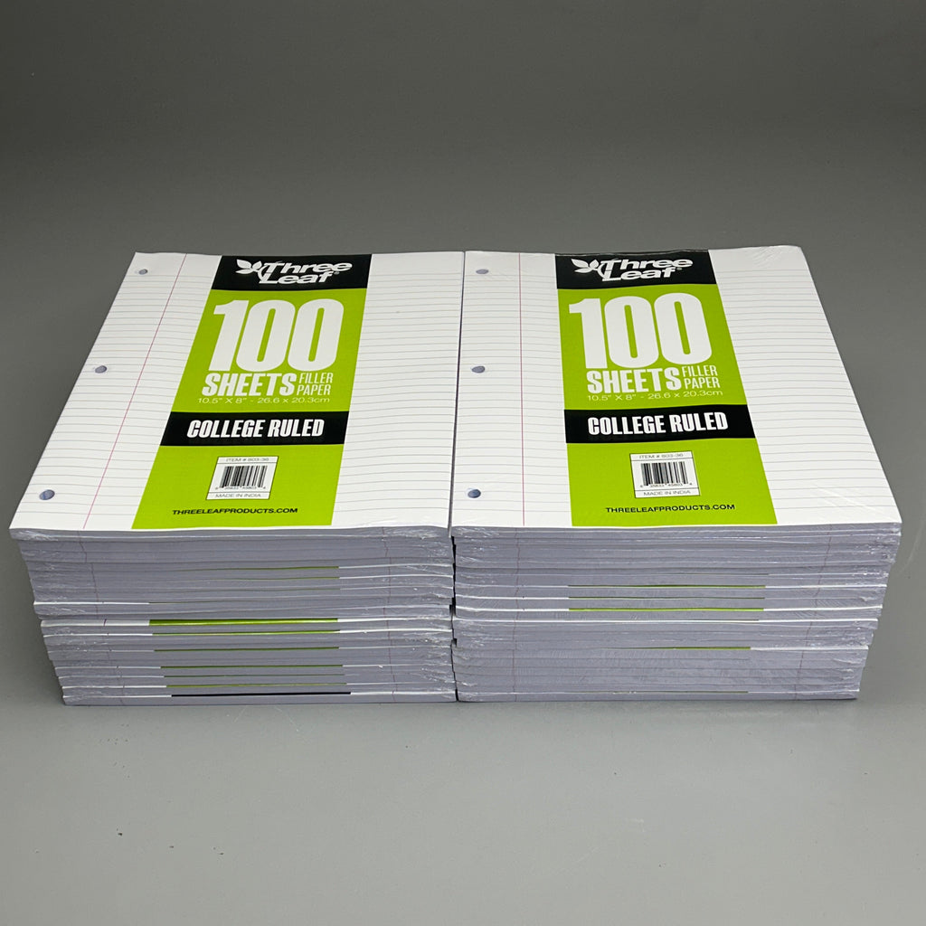 THREE LEAF (36 PACK) Filler Paper College Ruled 100 Count 10.5" x 8" (New)
