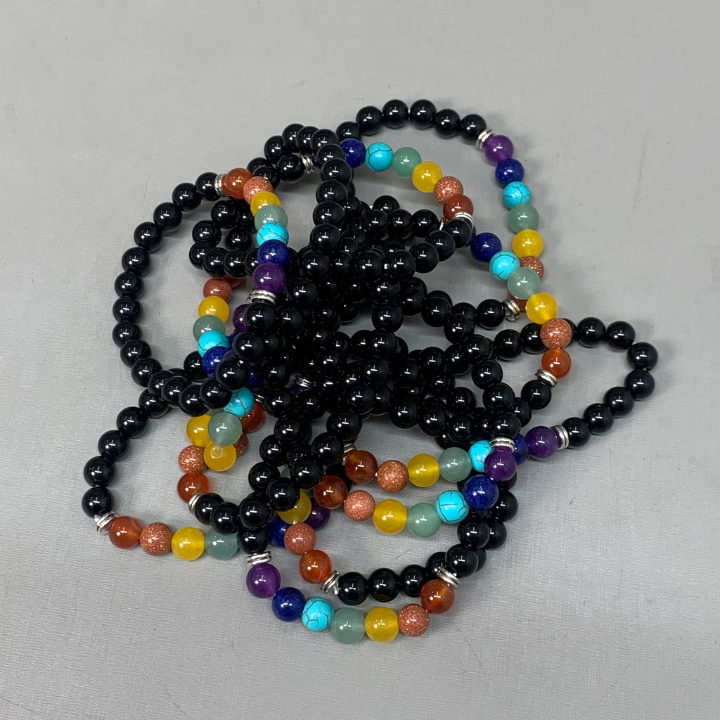BEST WHOLESALE (12 PACK) Beaded Shiny Black-Rainbow Crystal Bracelets 3" New