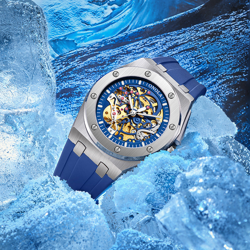 Fully automatic mechanical watch for men fashionable multi-color silicone tape waterproof watch