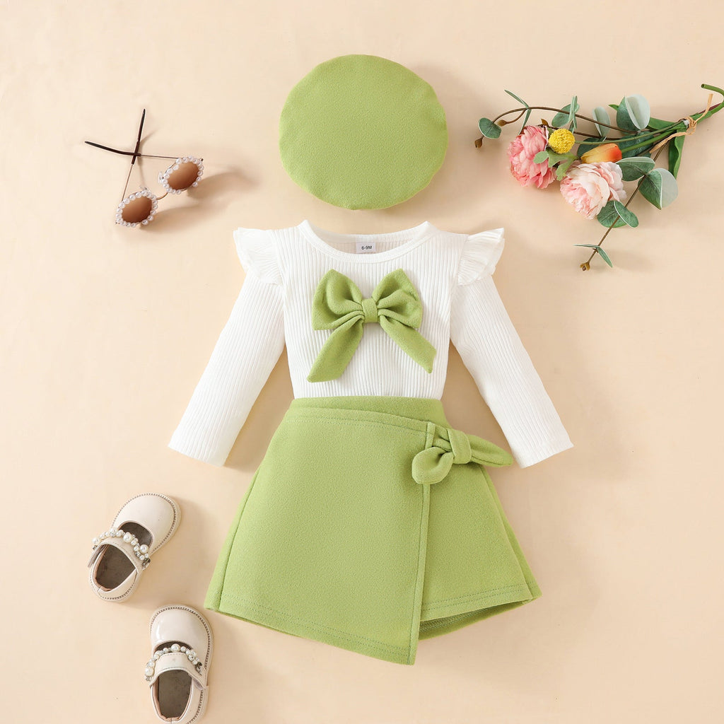 Fashion Step Girl Big Bow Beret Long Sleeve Top with Velvet Half Skirt Autumn/Winter 3-Piece Set