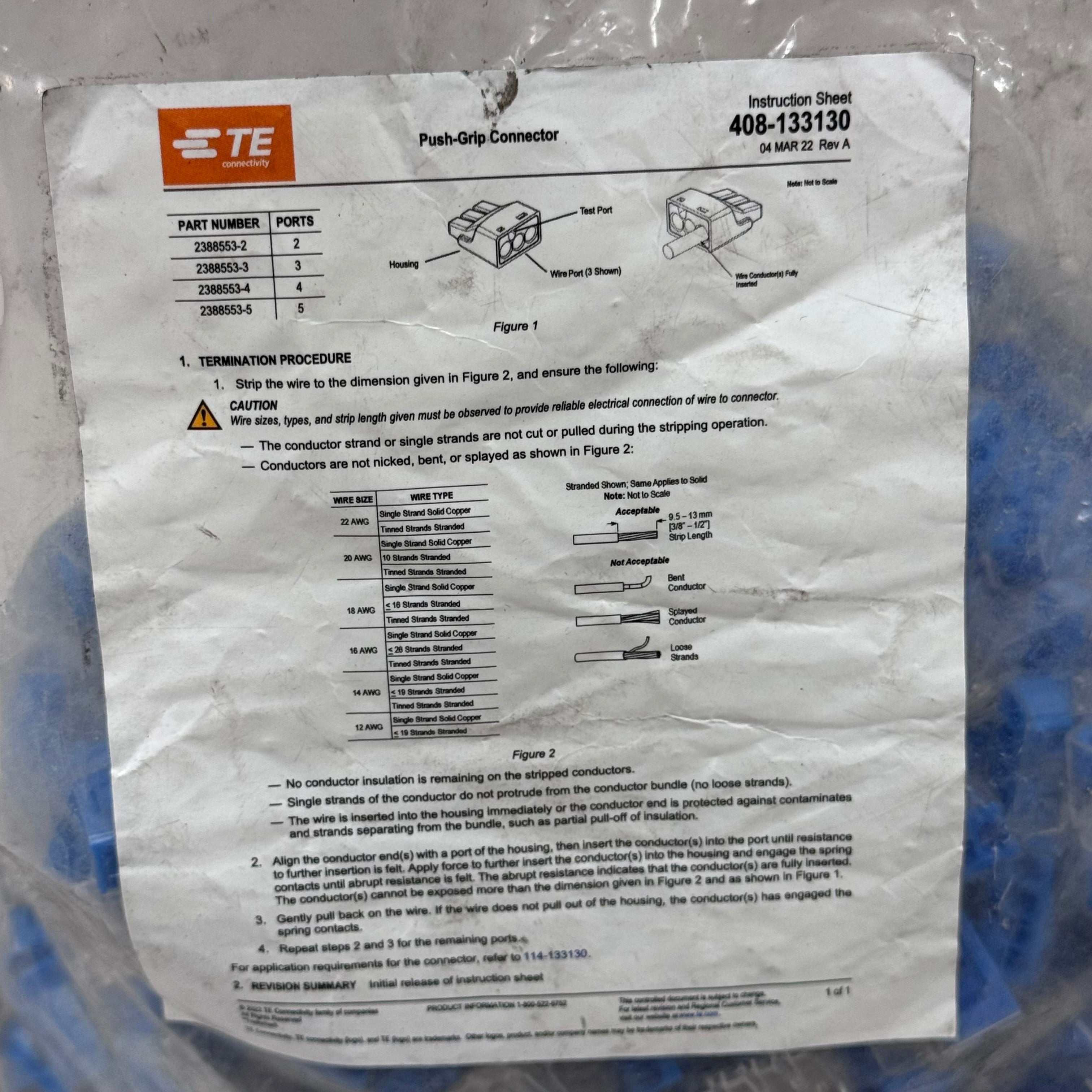 TE CONNECTIVITY (480 PACK) Push Grip Connector 4 Wire Port 12-22 AWG 2388553-4