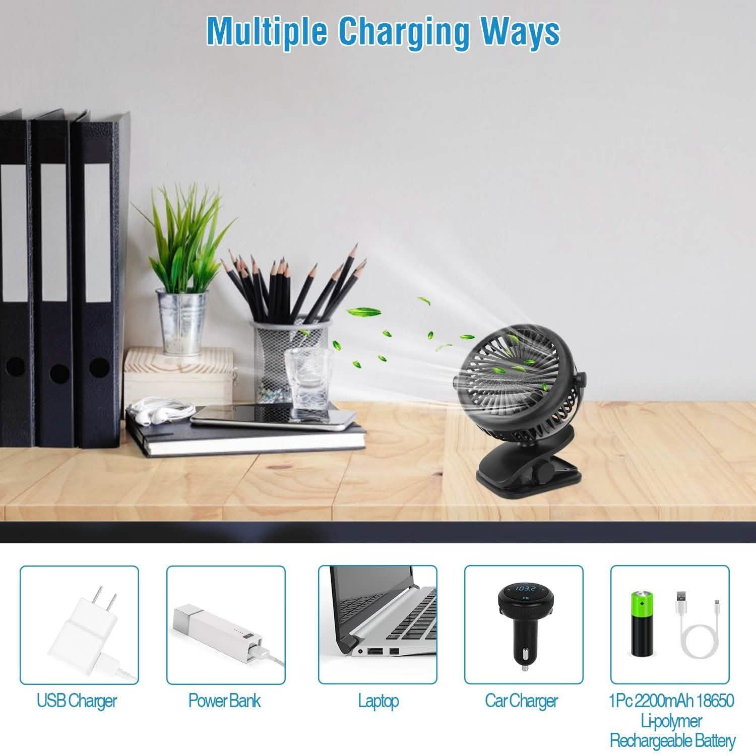 360 Degree Clip On Fan Quiet Rechargeable