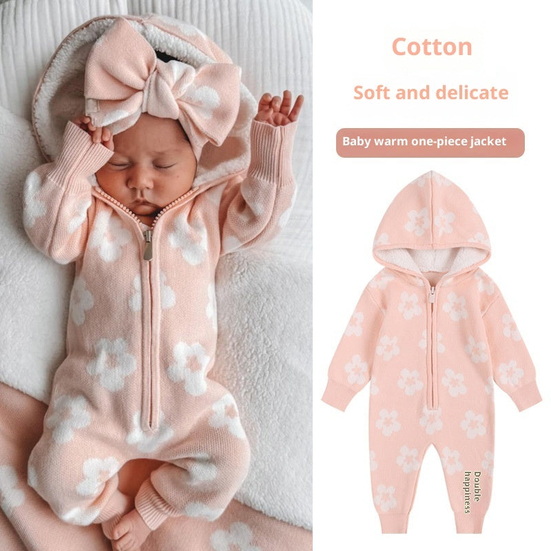 Baby Thickened Knitted Floral Zip-Up Hooded Onesie
