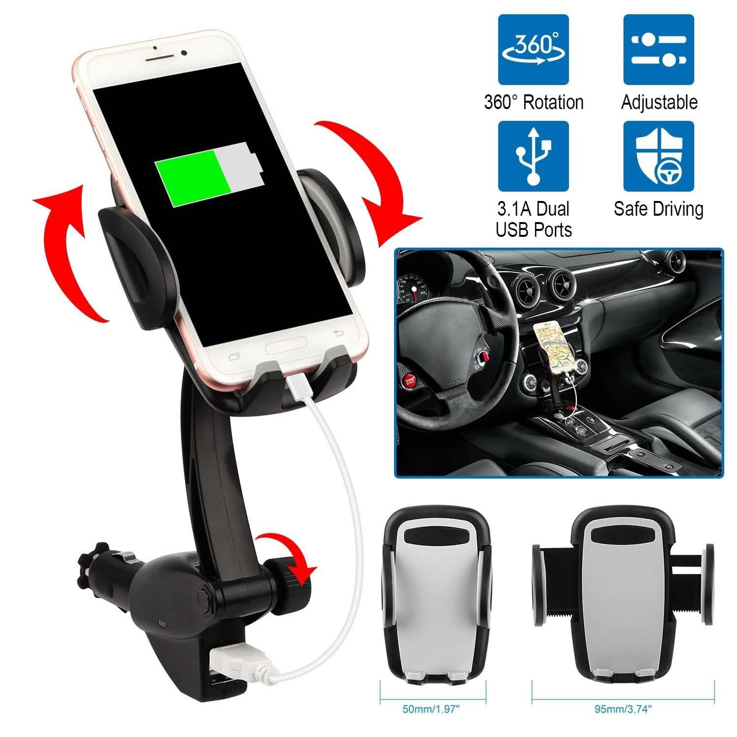 360° Dual USB Smartphone Mounting Car Charger