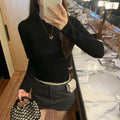 Solid Color Autumn Round Neck Long Sleeve Fitted Slimming Elegant Top
