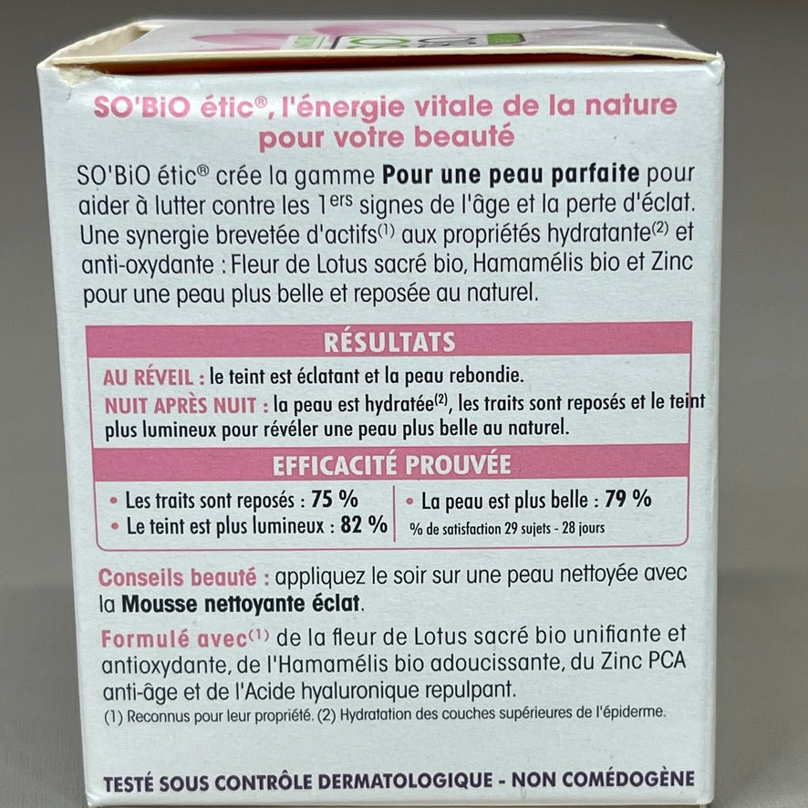 SO BIO etic Radiance Revealing Gel-Cream Night Organic Lotus Flower Hamamelis Zinc 1.69 fl oz (New)