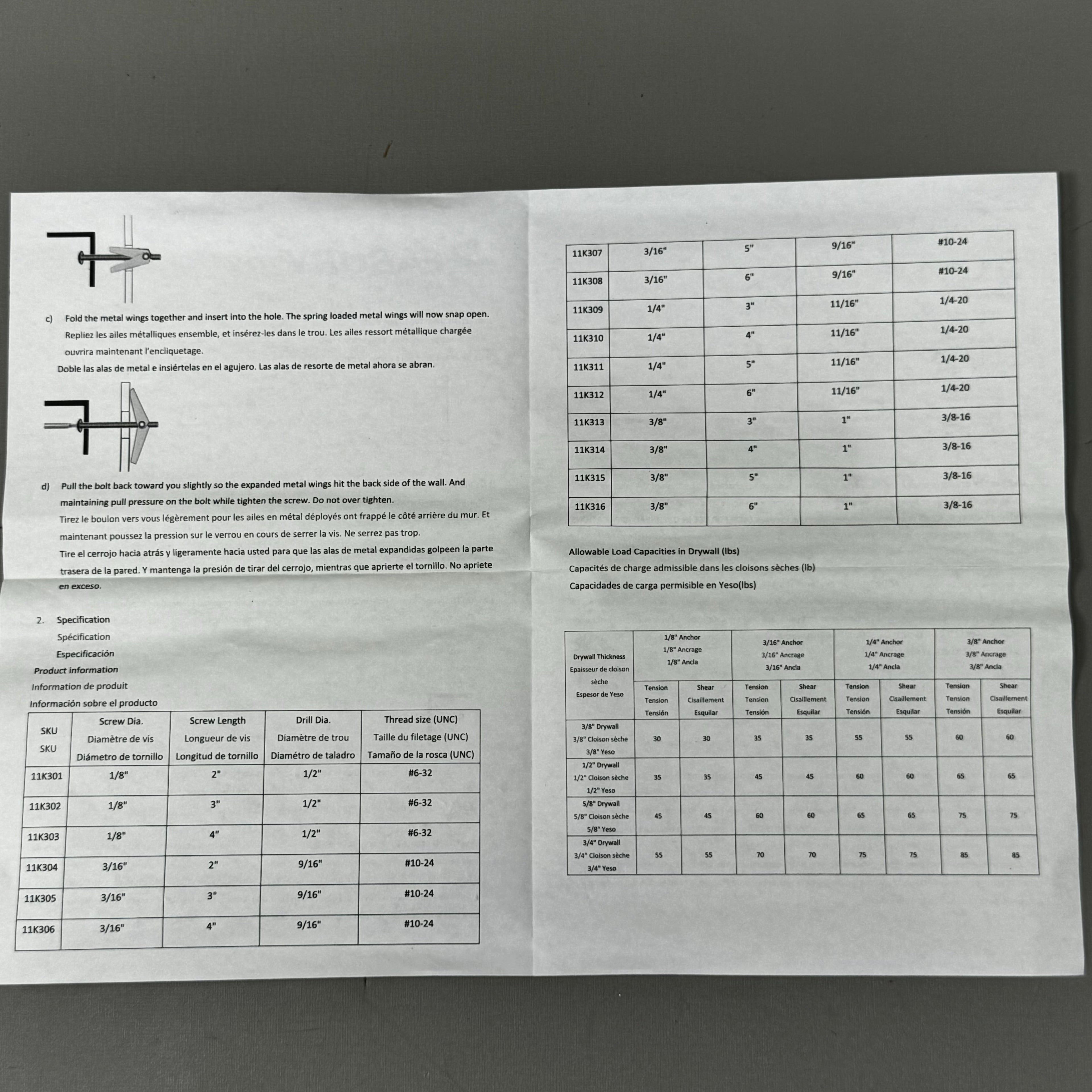 GRAINER (50 PACK) Zinc Plated Toggle Bolt Anchor 1/16"Dia 1/4"-20 Thread 11K312