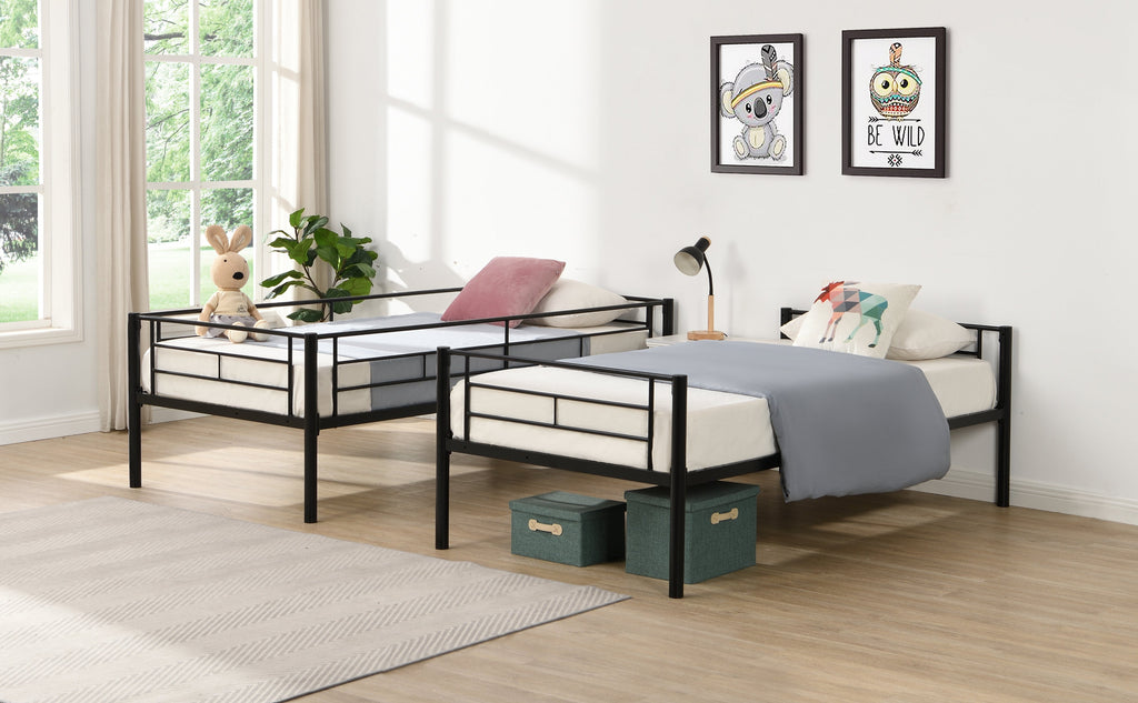 Double decker bed, size above twin bed, with 2 ladders and full-length guardrail, metal, storage space, black