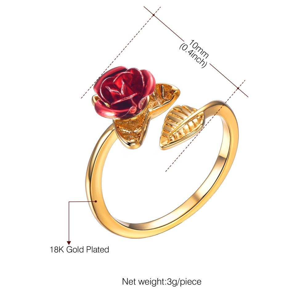 U7 Red Rose Garden Flower Leaves Resizable Finger Rings for Women Valentine's Day Gift Jewelry Hot Sale Open Ring R1019