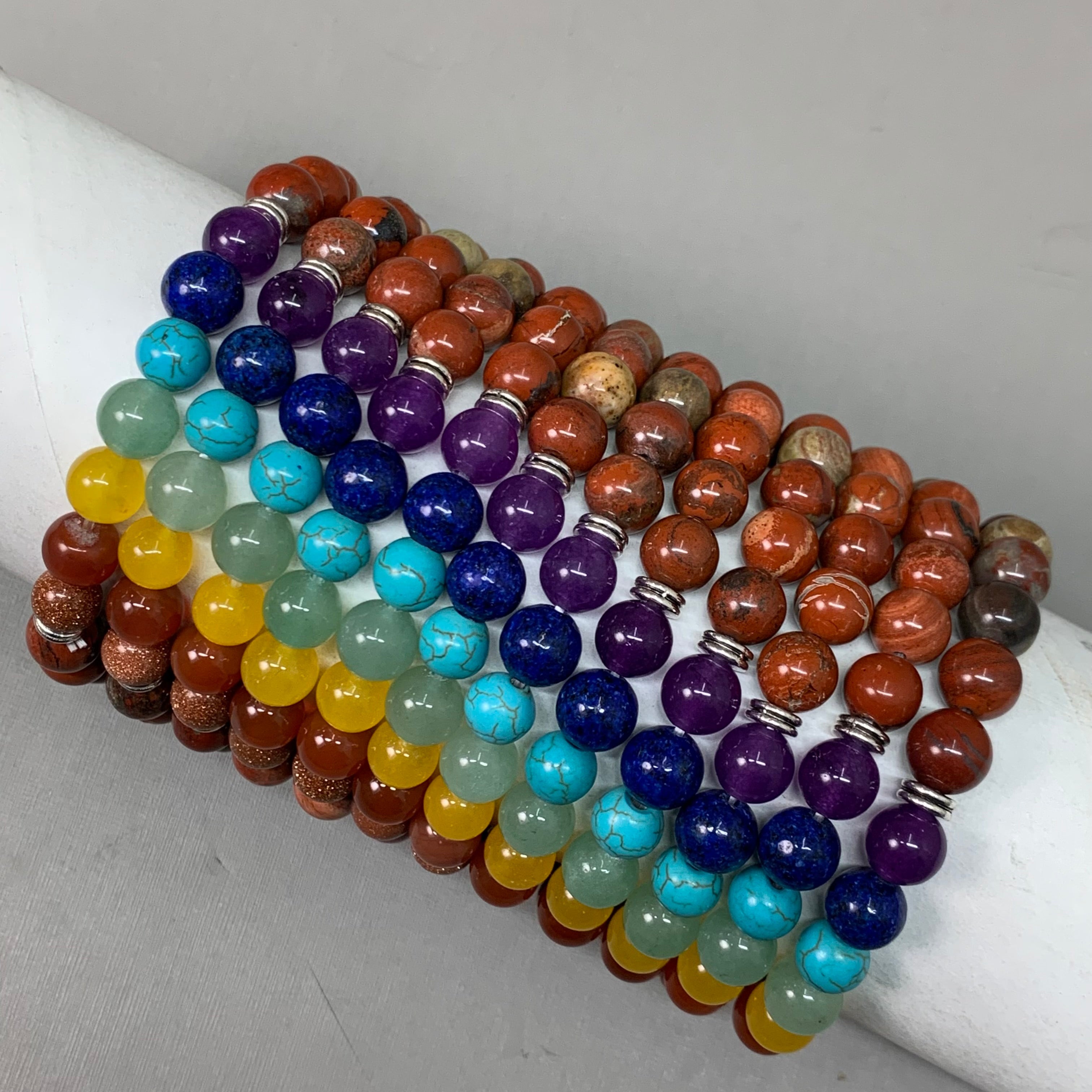 BEST WHOLESALE (12 PACK) Beaded Calm Jasper Rainbow Crystal Bracelets 3"