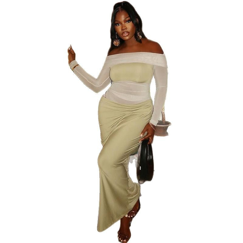 Women's Irregular Hem Pencil Dress Fitted One-Shoulder Long Sleeve Raglan Trendy Dress