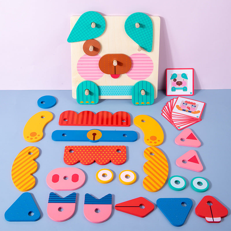 Wooden Creative Animal Puzzle Building Blocks Fun Face Changing 3D Puzzle Fun Kindergarten Puzzle Toy