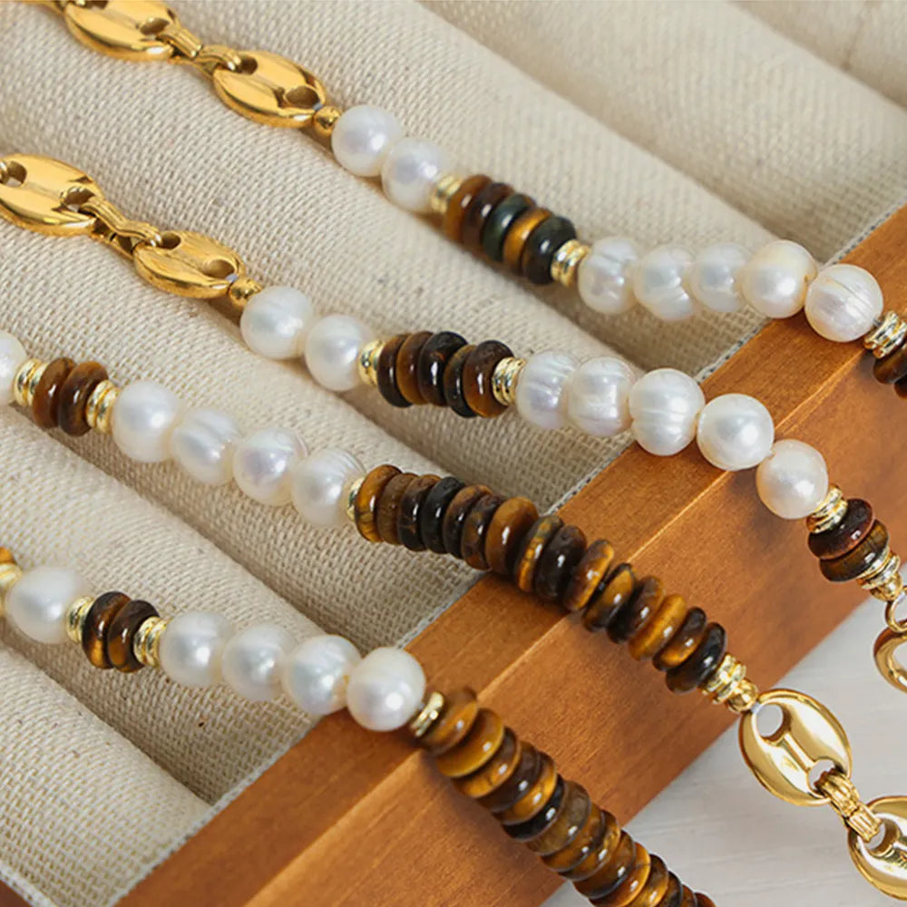 Versatile Light Luxury Titanium Steel Freshwater Pearl Tiger Eye Stone Pig Nose Chain Necklace Jewelry for Women