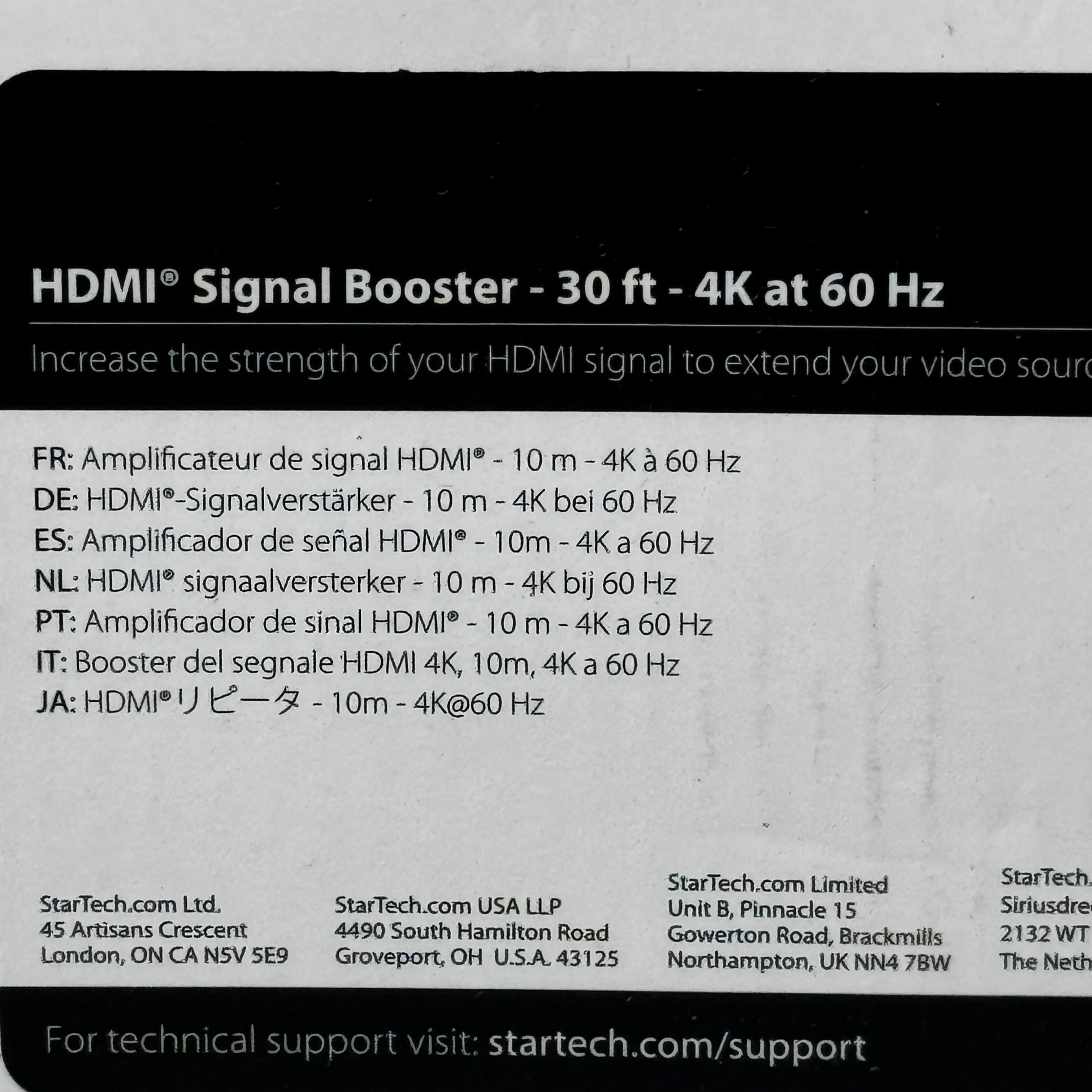 STARTECH.COM HDMI Signal Booster HDMI Extender 4K 60Hz 30ft Black HDBOOST4K