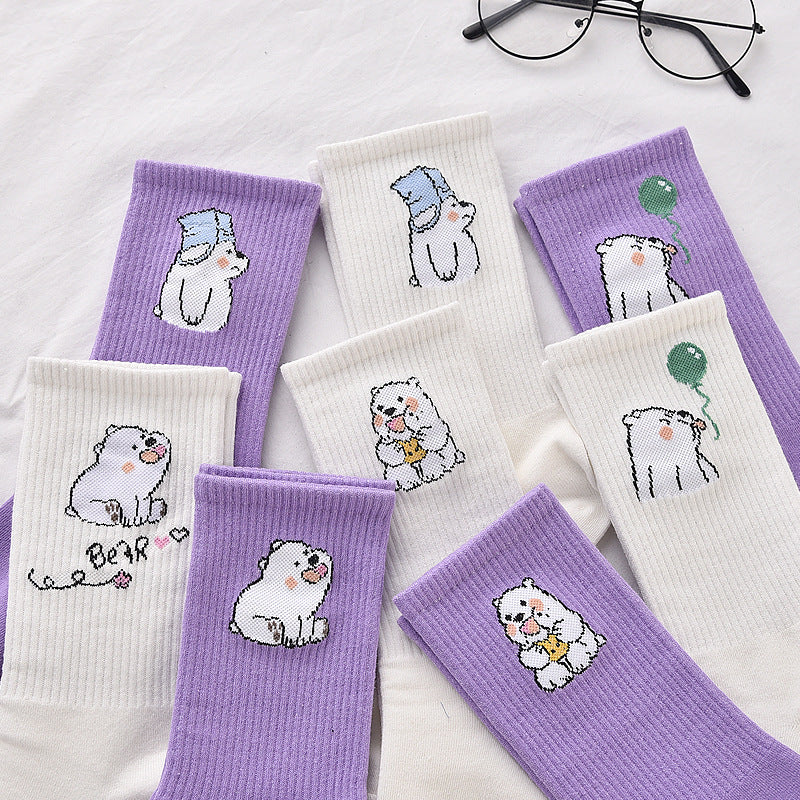 4Pair Spring And Summer Combed Out Of Pure Cotton Socks Mid Waist Fashion Bear Socks Cute Animal Socks Kawaii Cute Cartoon Purple College Socks For Men And Women