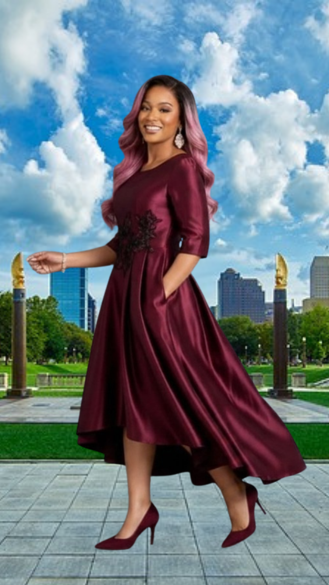 FLIPSTYLEZ LLC. Burgundy Floral Embroidered Satin Gown | Long Evening Spring Maxi Dress for Casual Elegance