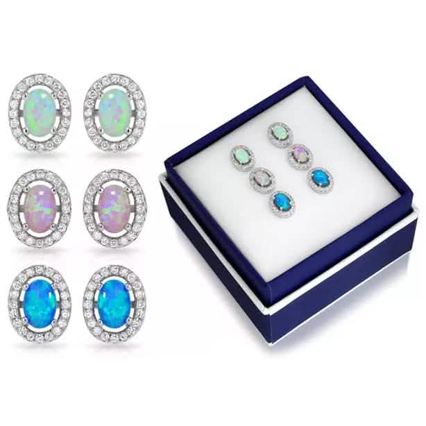 3CTW Oval Halo White, Blue, Pink Trio Opal Stud Earring Set