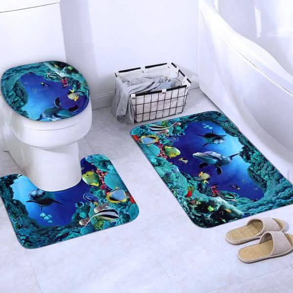 3D Printing Waterproof Shower Curtain Pedestal Rug Toilet Cover Bath Mat Set
