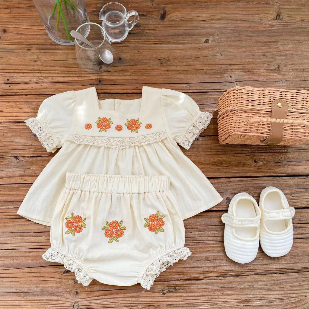 Girl Baby Flower Embroidered Short-sleeved Top
