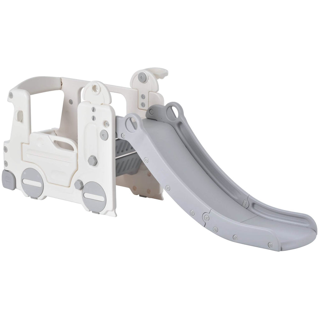 4-in-1 Slide with Bus Climber Slide Set with Basketball Hoop Indoor and Outdoor